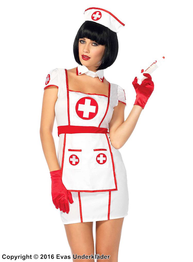 Sykepleier, kostyme-kjole, stort bånd, forkle, krage, flagrende ermer
